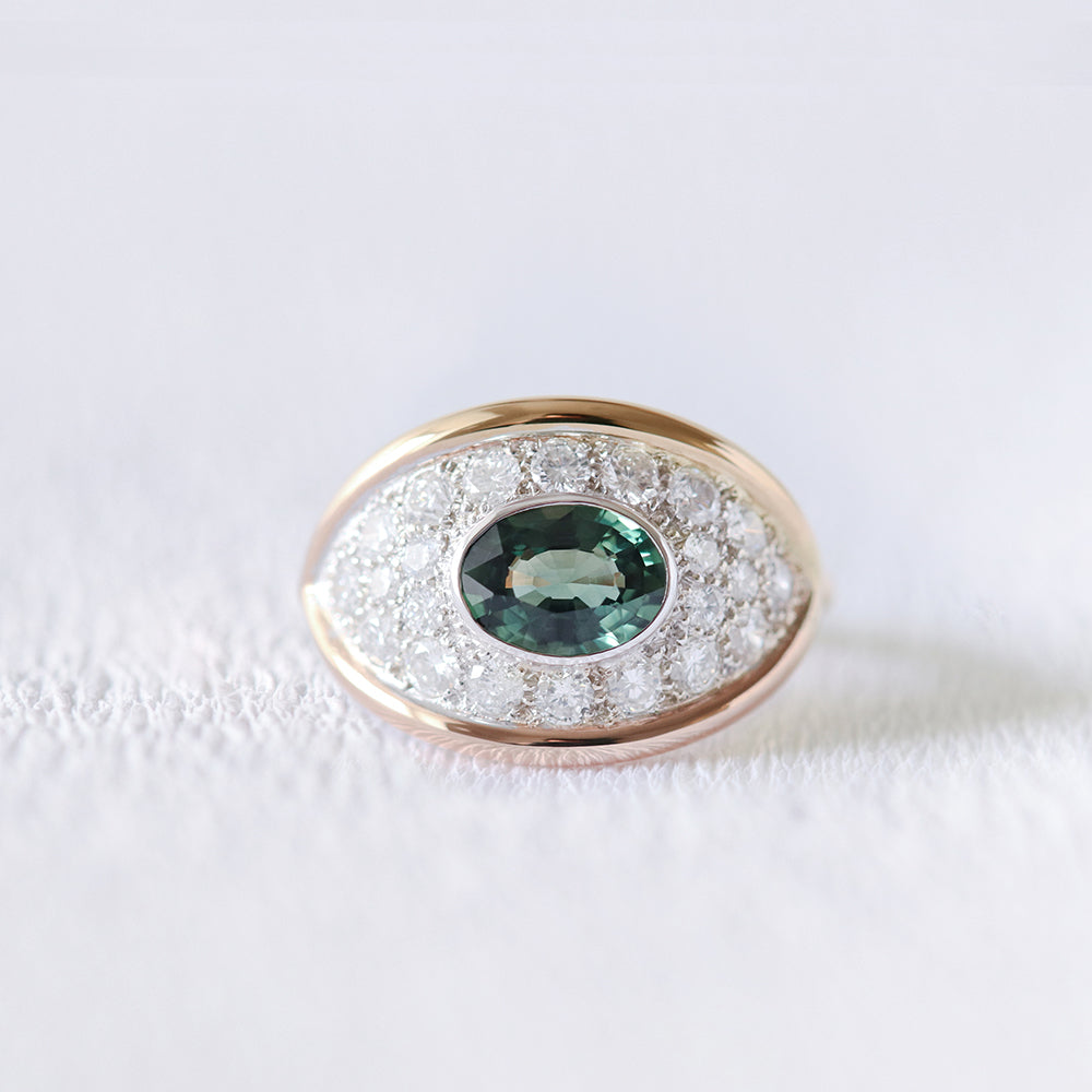 Rose Gold Engagement Ring with Green Sapphire and Diamonds | Deloison Paris