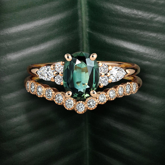 Bague Quitterie Saphir vert et alliance Paola.