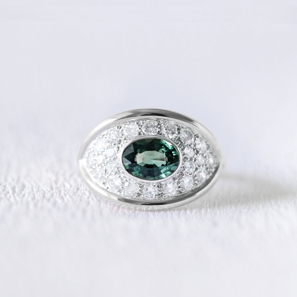 Bague de fiançailles or rose saphir vert et diamants | Deloison Paris